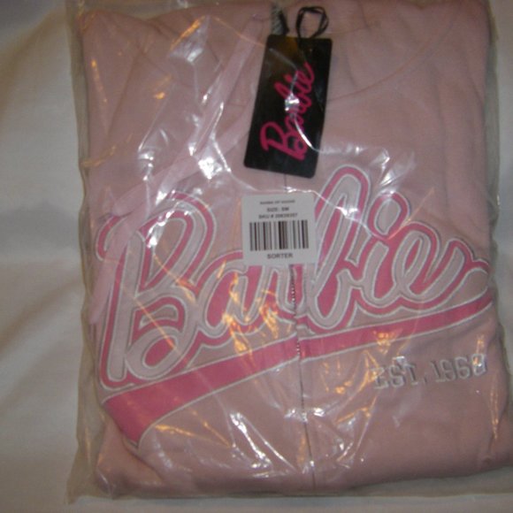 Barbie Full Zip Hoodie Jacket Soft Pink Raised Script Unisex Size New Sealed - Picture 4 of 7